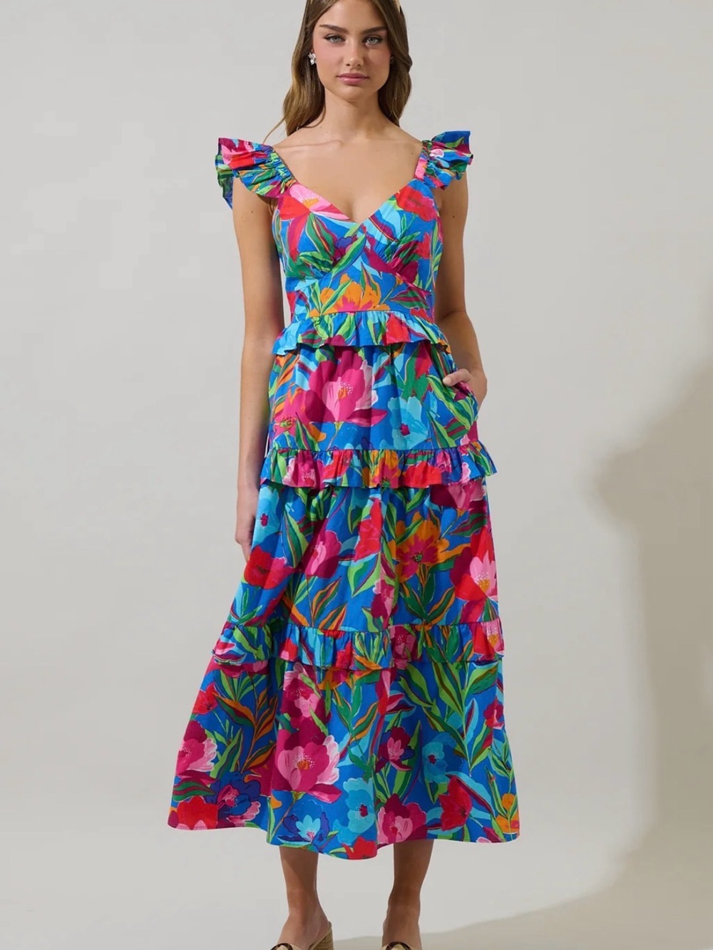 Sugarlips Blue Multicolor Floral Ruffle Midi Dress - Picture 1 of 6
